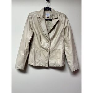 VTG - ANN TAYLOR LOFT 100% Genuine Leather Beige Two Button Blazer, Sz 8